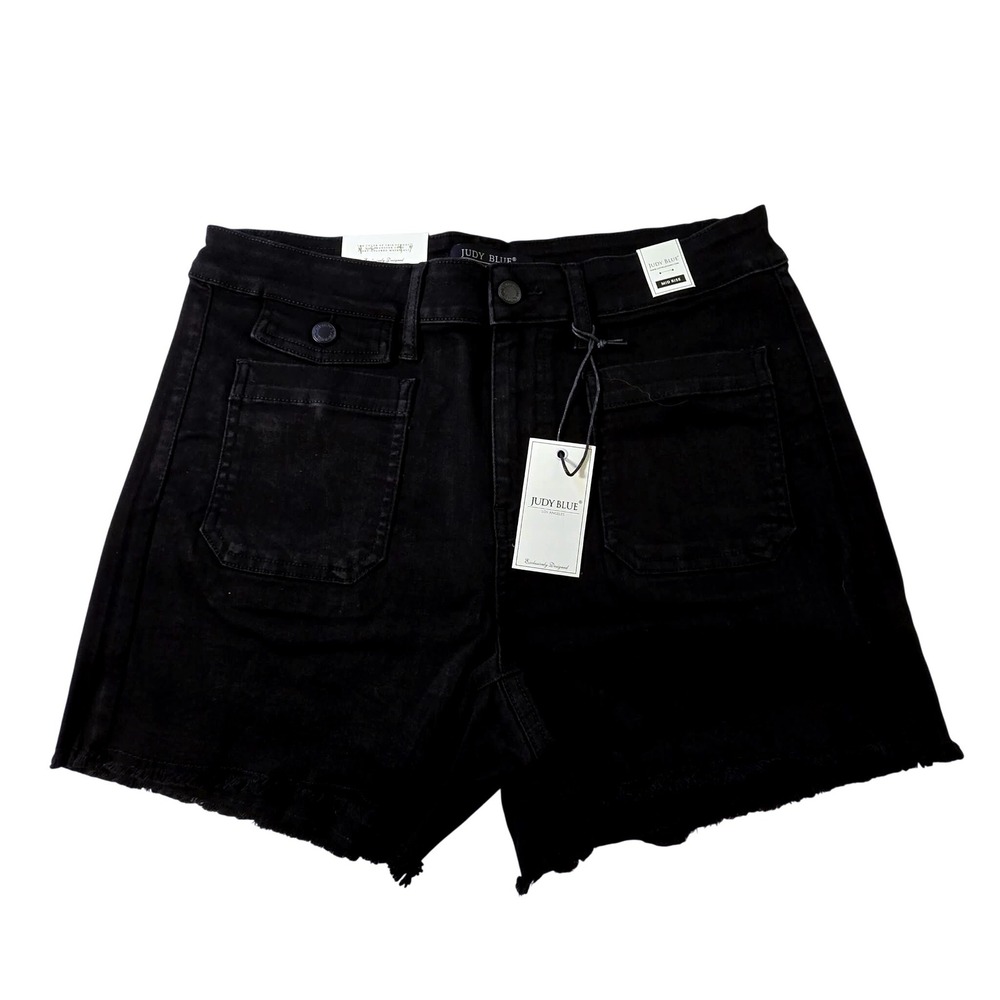 Judy Blue Blackβ Mid Rise Cargo Denim Shorts Raw Hem JB150067 XL Womens New